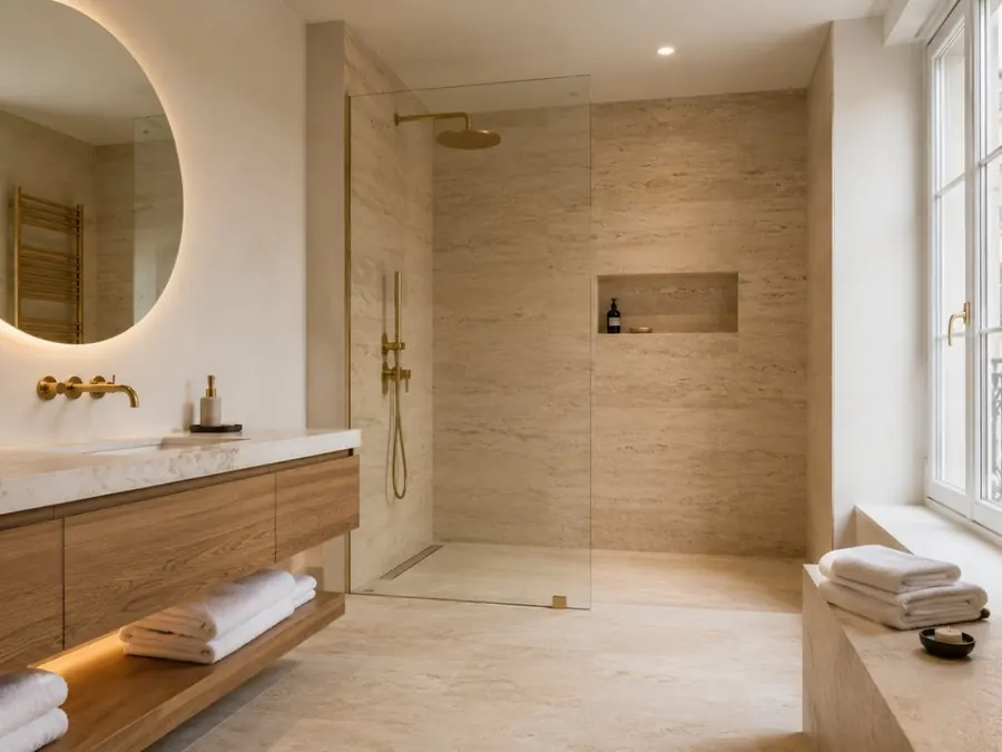 Salle de bains livrée en travertin et bois, douche à l'italienne