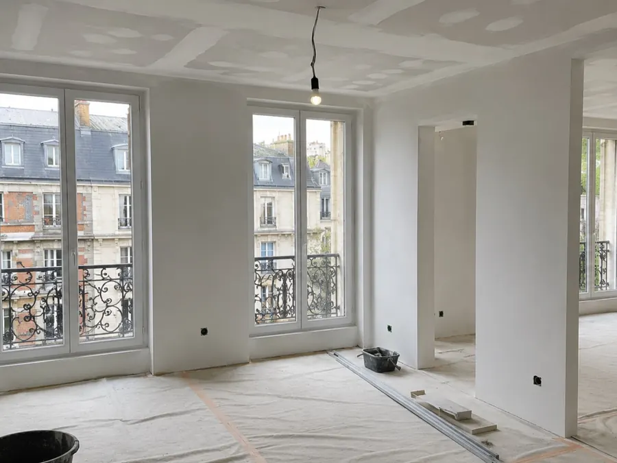 Appartement en cours de rénovation, menuiseries neuves et cloisons en plaques de plâtre