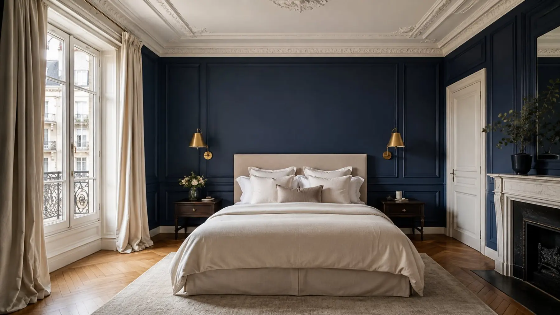 Chambre rénovée aux murs bleu nuit, appliques en laiton et cheminée d'époque