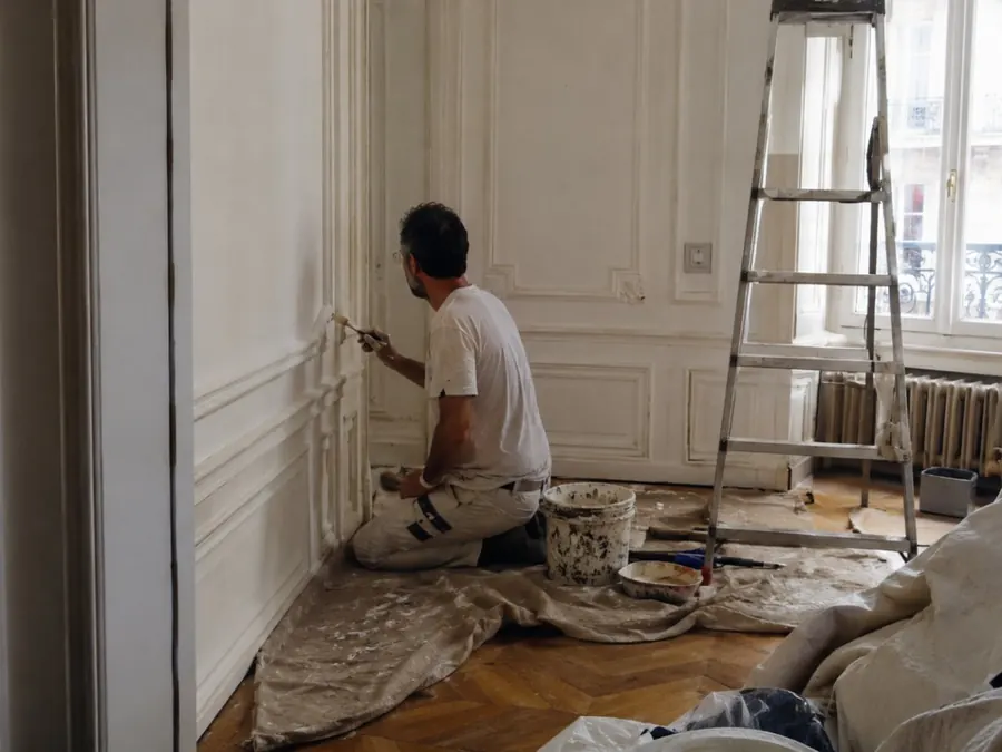 Peintre au travail dans un salon aux murs bleu nuit et or