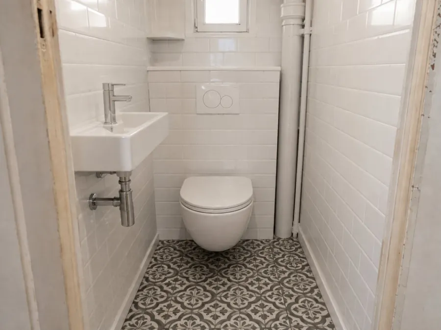 WC suspendu neuf et sol en carreaux de ciment