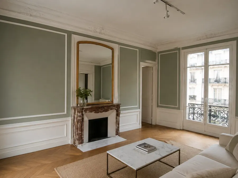 Parquet point de Hongrie neuf dans un salon vert sauge