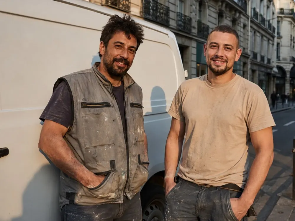 Deux compagnons EREM souriants en tenue de chantier, devant leur camionnette
